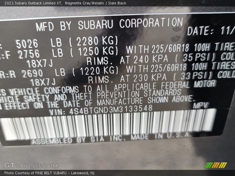 Magnetite Gray Metallic / Slate Black 2021 Subaru Outback Limited XT