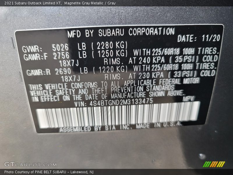 Magnetite Gray Metallic / Gray 2021 Subaru Outback Limited XT
