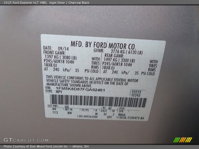 Ingot Silver / Charcoal Black 2015 Ford Explorer XLT 4WD