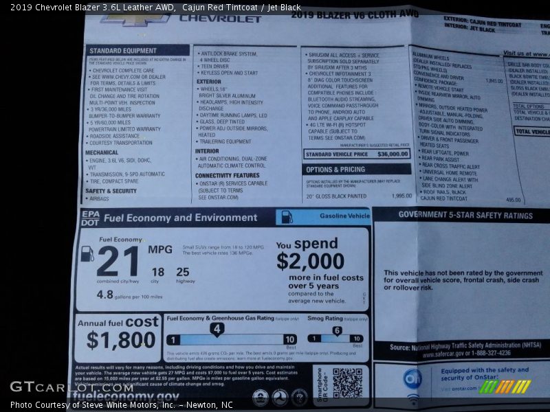  2019 Blazer 3.6L Leather AWD Window Sticker