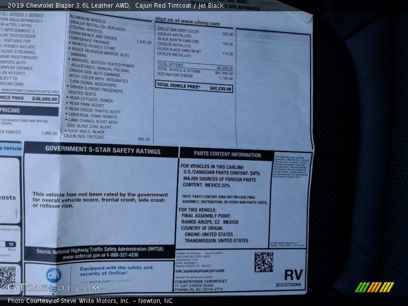  2019 Blazer 3.6L Leather AWD Window Sticker