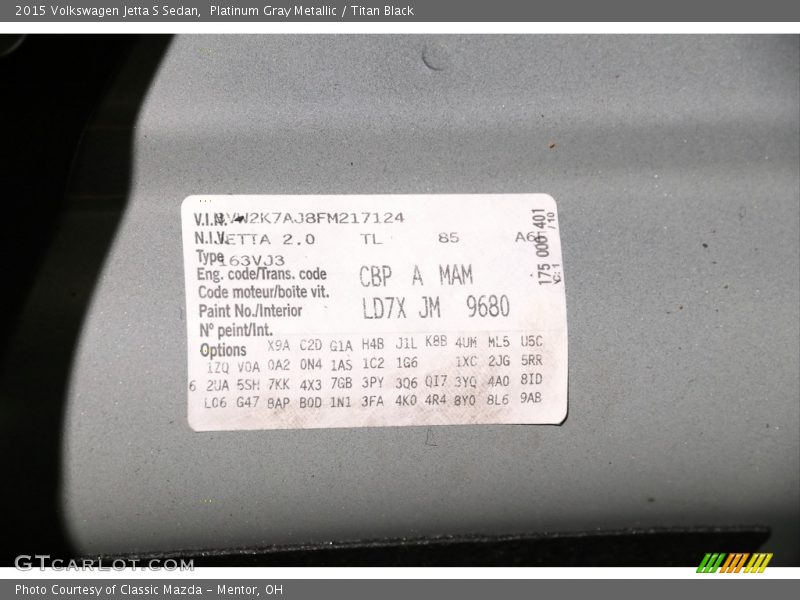 2015 Jetta S Sedan Platinum Gray Metallic Color Code LD7X