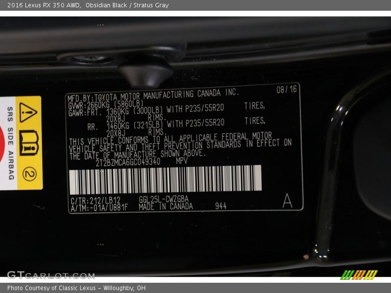 2016 RX 350 AWD Obsidian Black Color Code 212