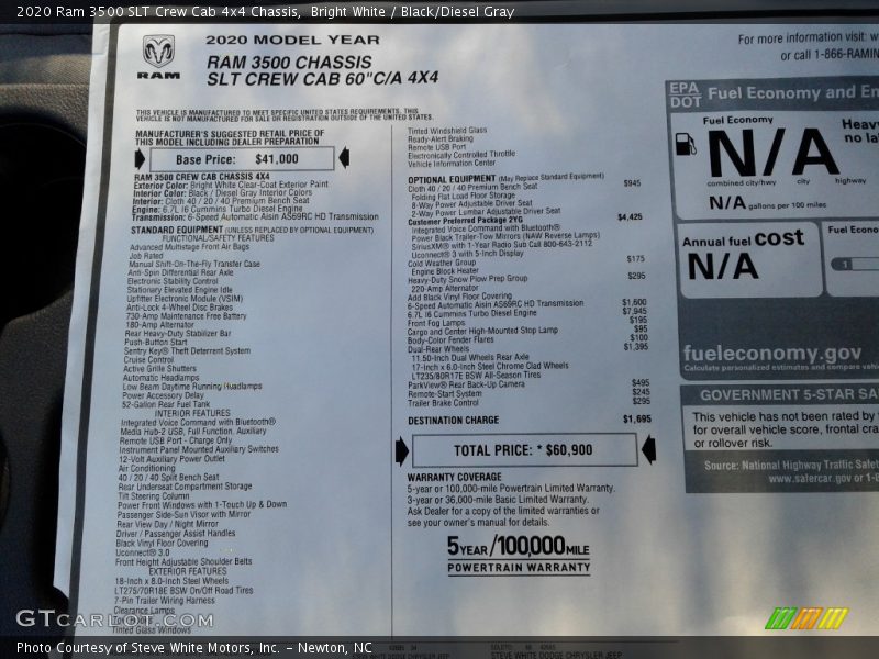 Bright White / Black/Diesel Gray 2020 Ram 3500 SLT Crew Cab 4x4 Chassis