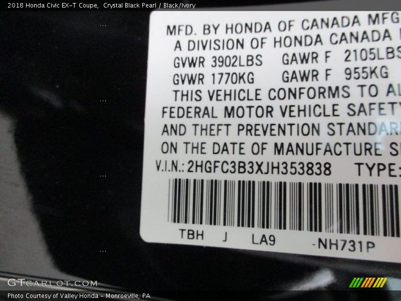 2018 Civic EX-T Coupe Crystal Black Pearl Color Code NH731P