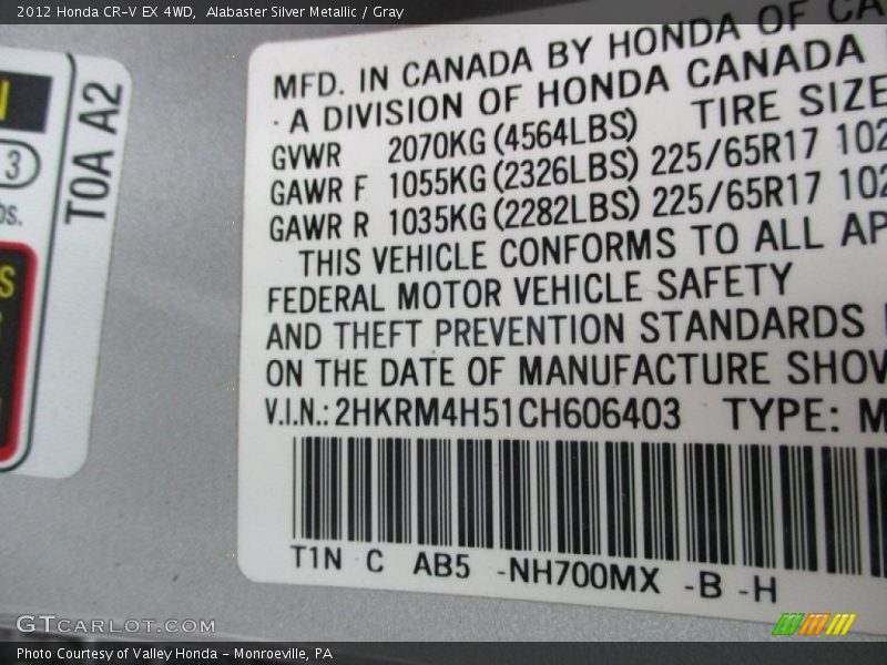 Alabaster Silver Metallic / Gray 2012 Honda CR-V EX 4WD