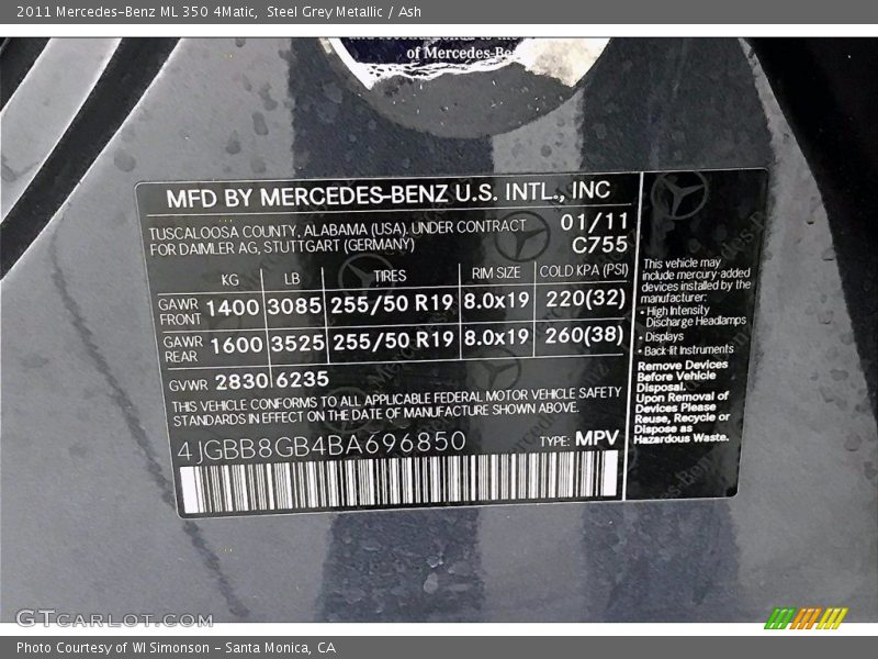 Steel Grey Metallic / Ash 2011 Mercedes-Benz ML 350 4Matic