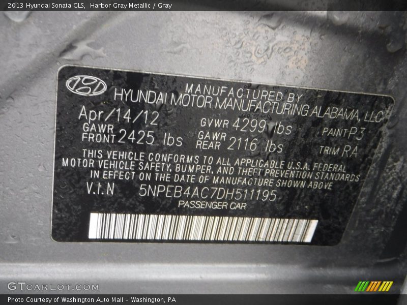 Harbor Gray Metallic / Gray 2013 Hyundai Sonata GLS
