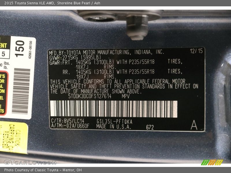 Shoreline Blue Pearl / Ash 2015 Toyota Sienna XLE AWD