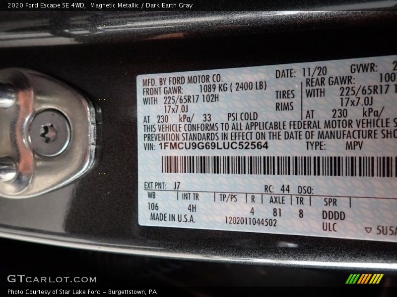 Magnetic Metallic / Dark Earth Gray 2020 Ford Escape SE 4WD