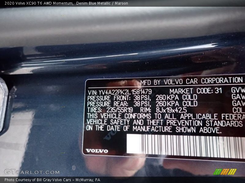 Denim Blue Metallic / Maroon 2020 Volvo XC90 T6 AWD Momentum