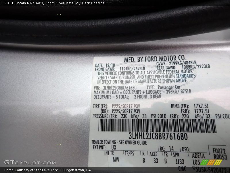Ingot Silver Metallic / Dark Charcoal 2011 Lincoln MKZ AWD