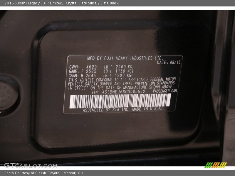 Crystal Black Silica / Slate Black 2016 Subaru Legacy 3.6R Limited