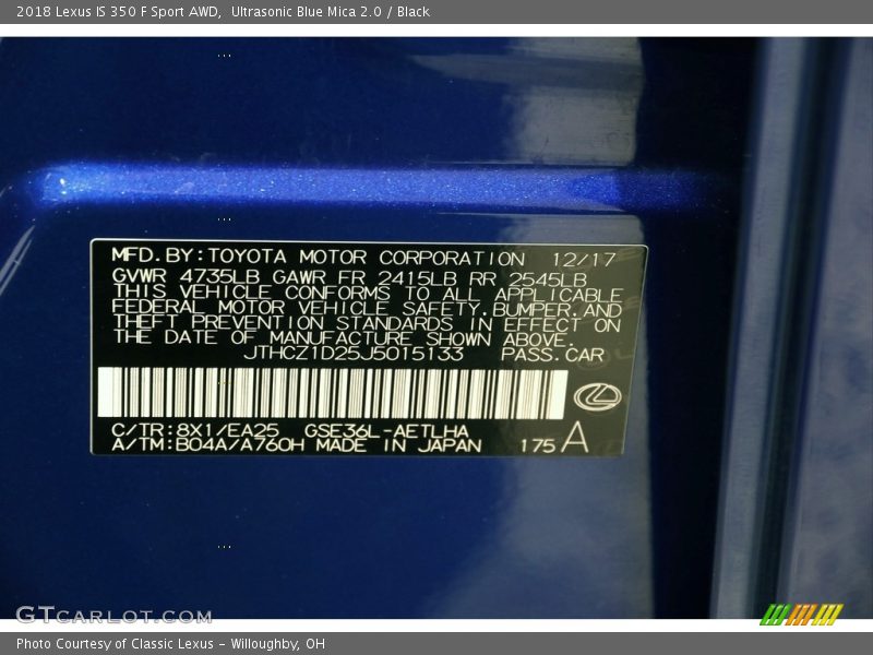 2018 IS 350 F Sport AWD Ultrasonic Blue Mica 2.0 Color Code 8X1