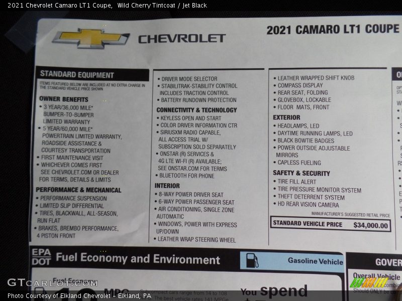  2021 Camaro LT1 Coupe Window Sticker