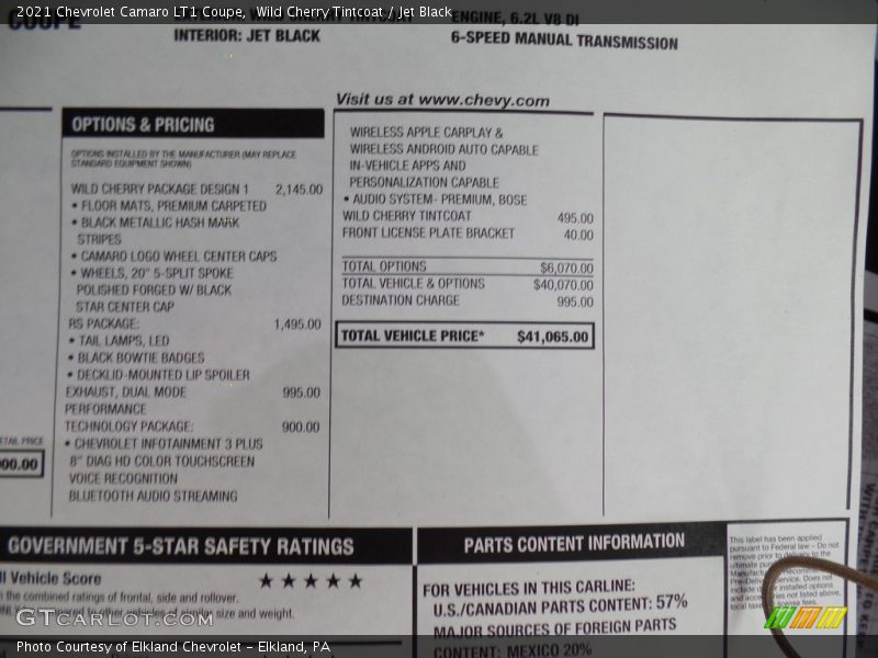  2021 Camaro LT1 Coupe Window Sticker