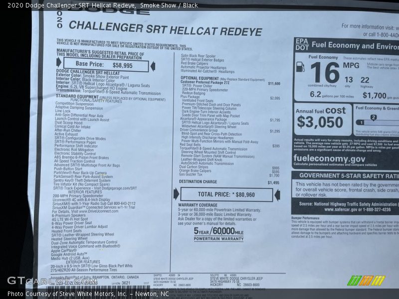 Smoke Show / Black 2020 Dodge Challenger SRT Hellcat Redeye