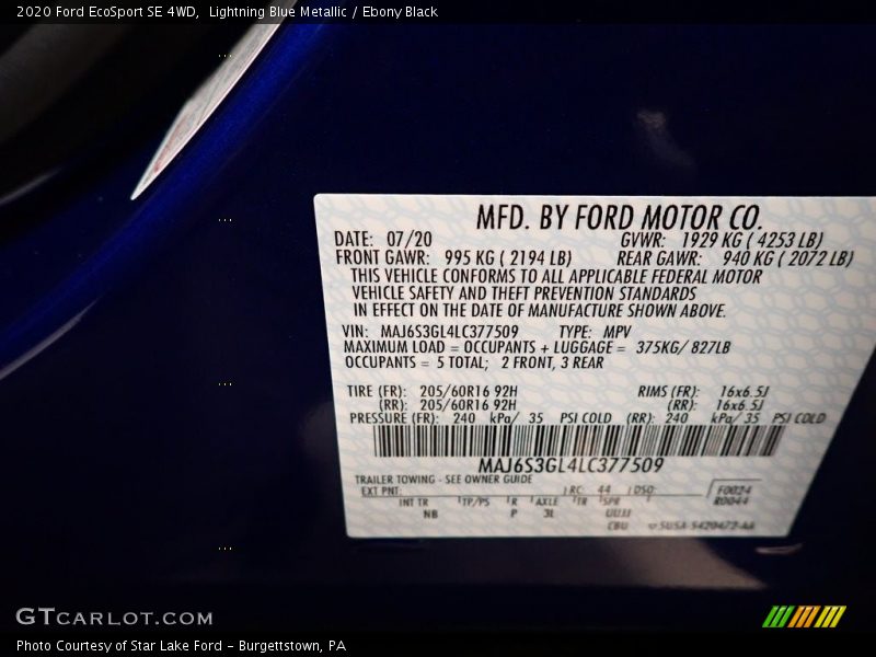 Lightning Blue Metallic / Ebony Black 2020 Ford EcoSport SE 4WD