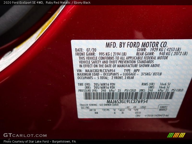 Ruby Red Metallic / Ebony Black 2020 Ford EcoSport SE 4WD