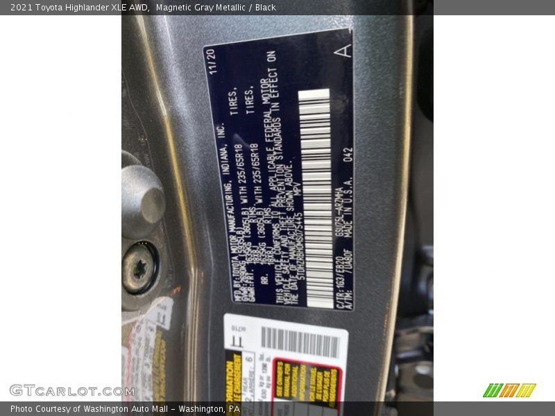 2021 Highlander XLE AWD Magnetic Gray Metallic Color Code 1G3
