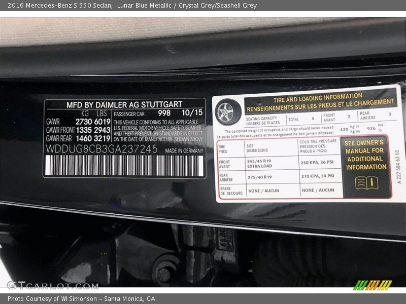 Lunar Blue Metallic / Crystal Grey/Seashell Grey 2016 Mercedes-Benz S 550 Sedan