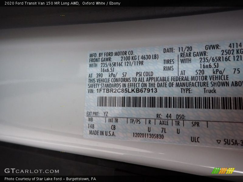 Oxford White / Ebony 2020 Ford Transit Van 150 MR Long AWD