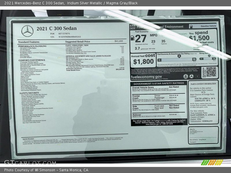  2021 C 300 Sedan Window Sticker