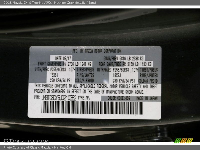 Machine Gray Metallic / Sand 2018 Mazda CX-9 Touring AWD