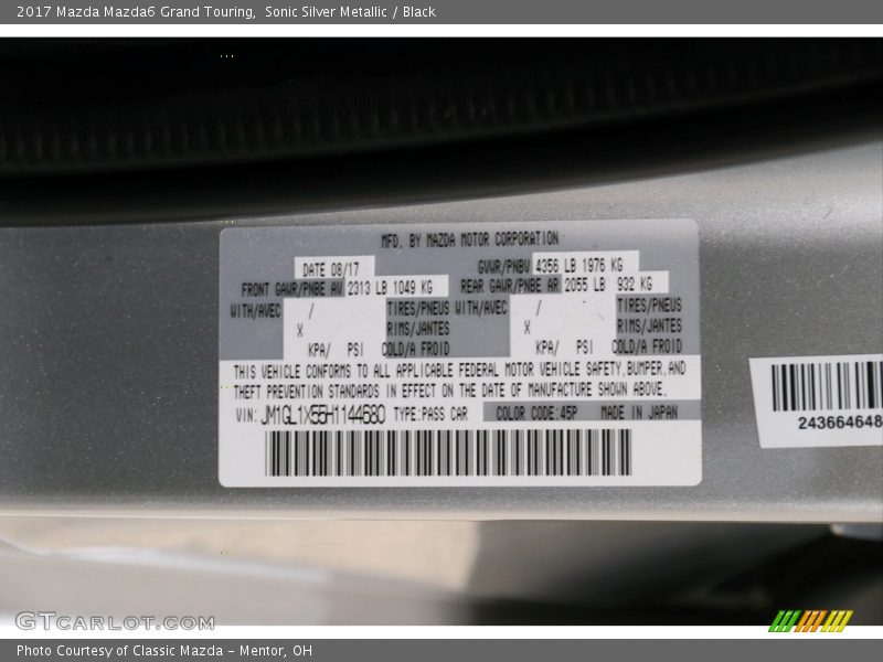 Sonic Silver Metallic / Black 2017 Mazda Mazda6 Grand Touring