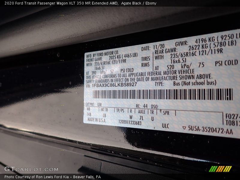 Agate Black / Ebony 2020 Ford Transit Passenger Wagon XLT 350 MR Extended AWD