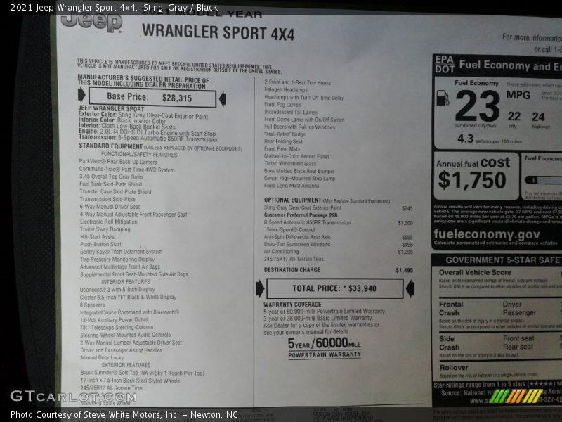  2021 Wrangler Sport 4x4 Window Sticker