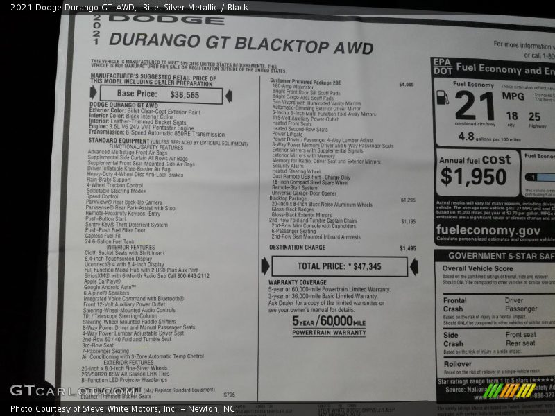 Billet Silver Metallic / Black 2021 Dodge Durango GT AWD