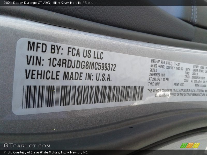 Billet Silver Metallic / Black 2021 Dodge Durango GT AWD