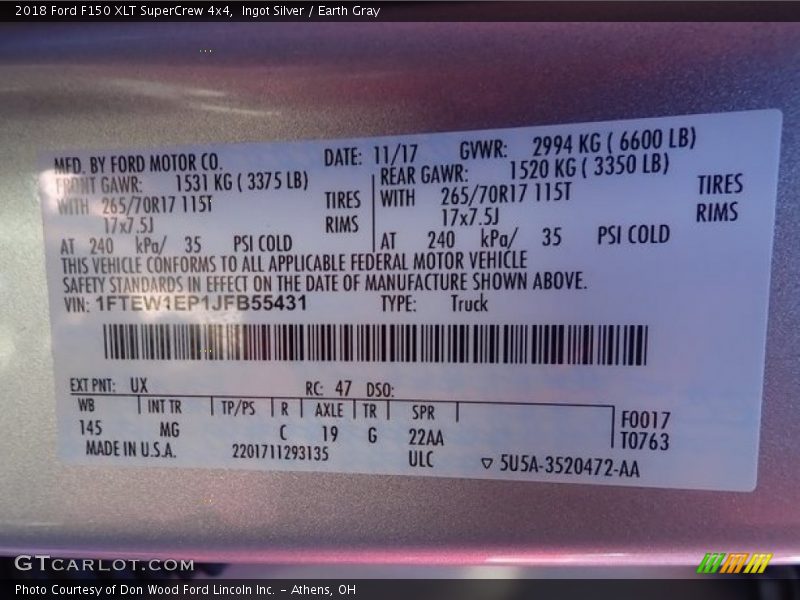 Ingot Silver / Earth Gray 2018 Ford F150 XLT SuperCrew 4x4