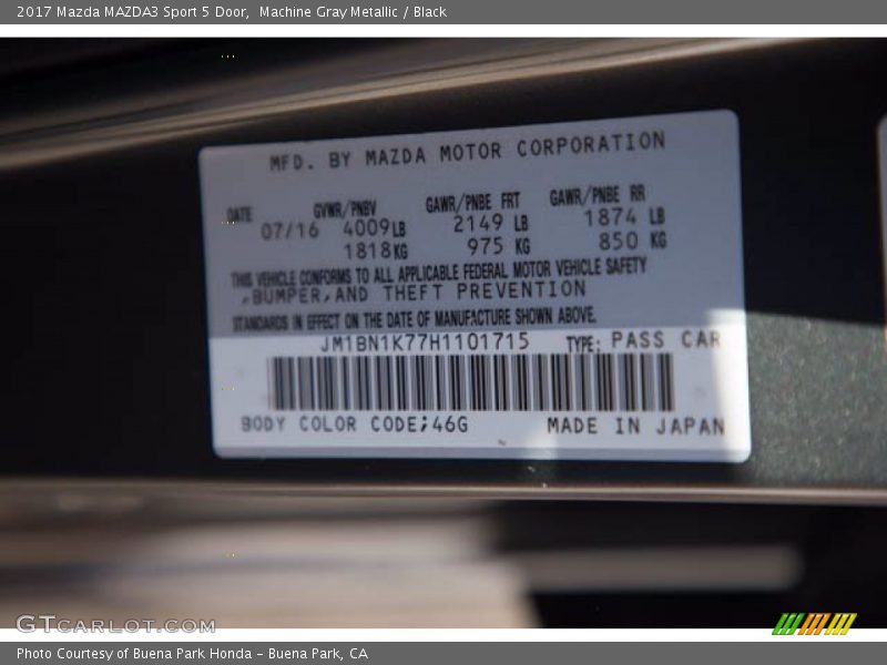 2017 MAZDA3 Sport 5 Door Machine Gray Metallic Color Code 46G