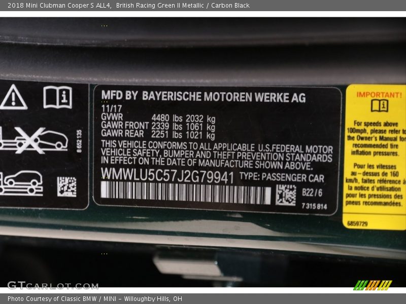 British Racing Green II Metallic / Carbon Black 2018 Mini Clubman Cooper S ALL4