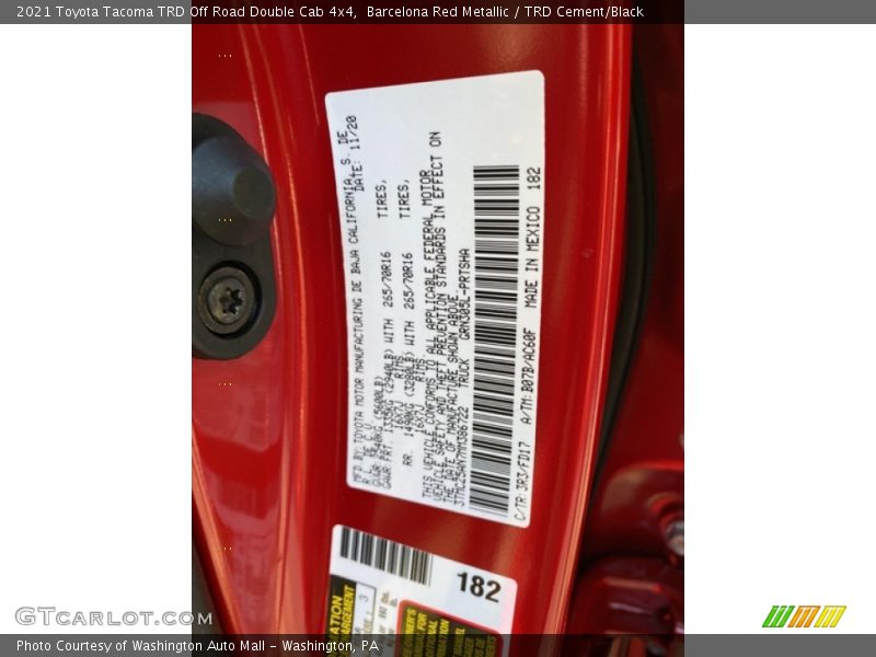 2021 Tacoma TRD Off Road Double Cab 4x4 Barcelona Red Metallic Color Code 3R3