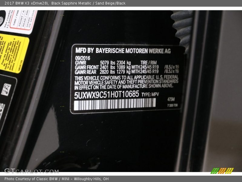 Black Sapphire Metallic / Sand Beige/Black 2017 BMW X3 xDrive28i