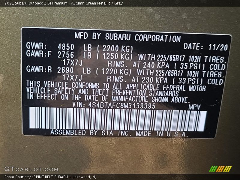 Autumn Green Metallic / Gray 2021 Subaru Outback 2.5i Premium