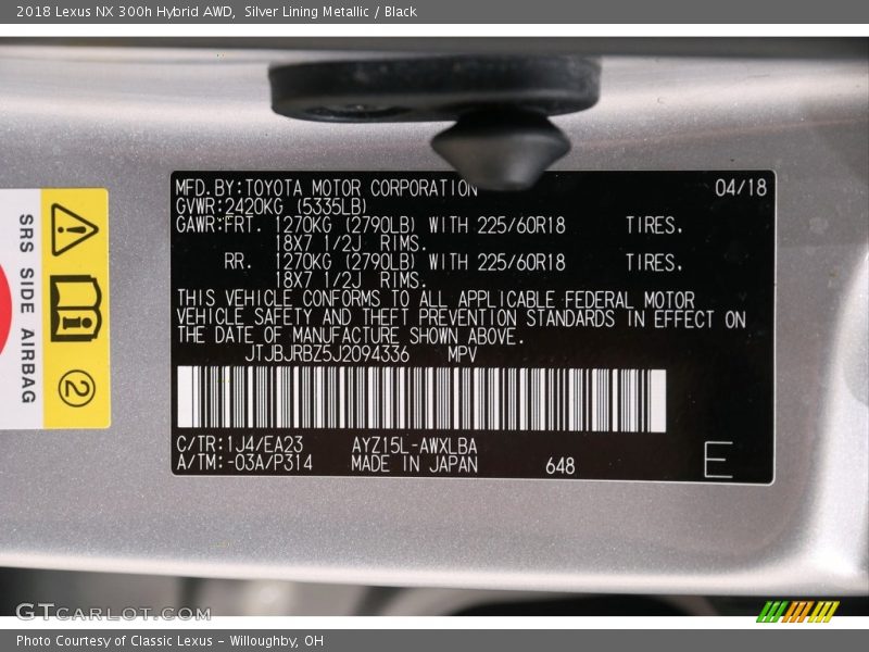 2018 NX 300h Hybrid AWD Silver Lining Metallic Color Code 1J4