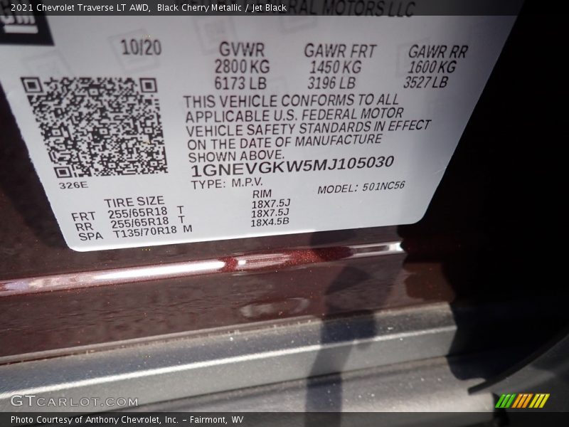 Black Cherry Metallic / Jet Black 2021 Chevrolet Traverse LT AWD