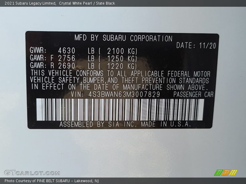 Crystal White Pearl / Slate Black 2021 Subaru Legacy Limited