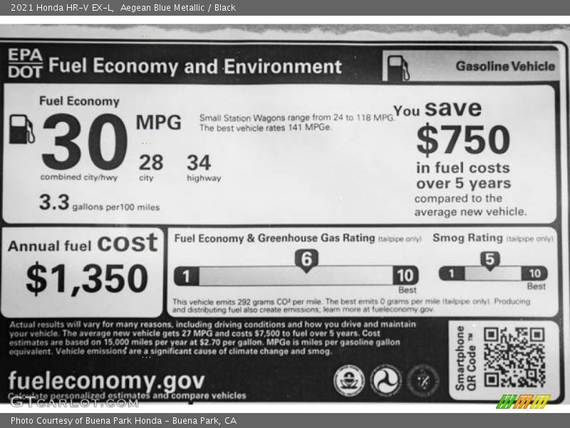 Aegean Blue Metallic / Black 2021 Honda HR-V EX-L