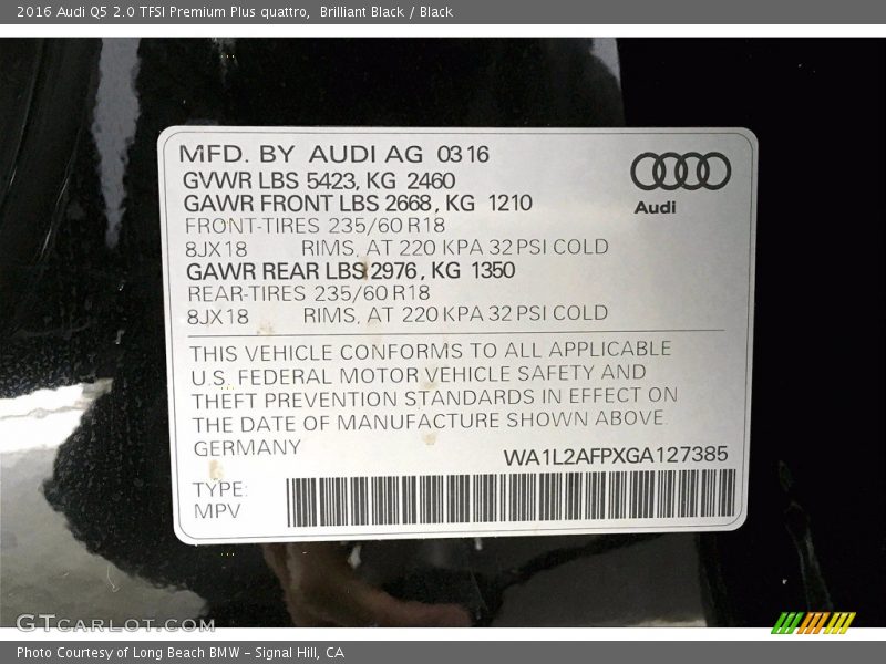 Brilliant Black / Black 2016 Audi Q5 2.0 TFSI Premium Plus quattro