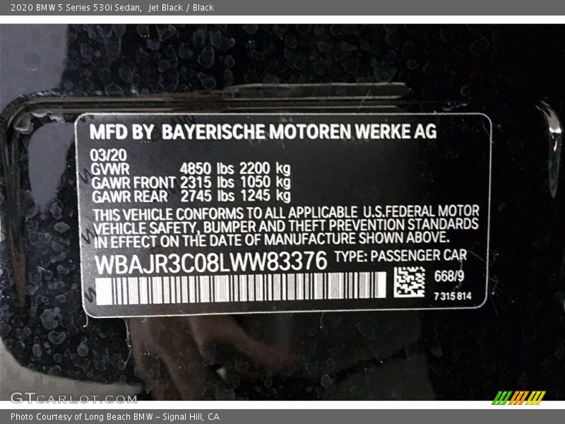 Jet Black / Black 2020 BMW 5 Series 530i Sedan