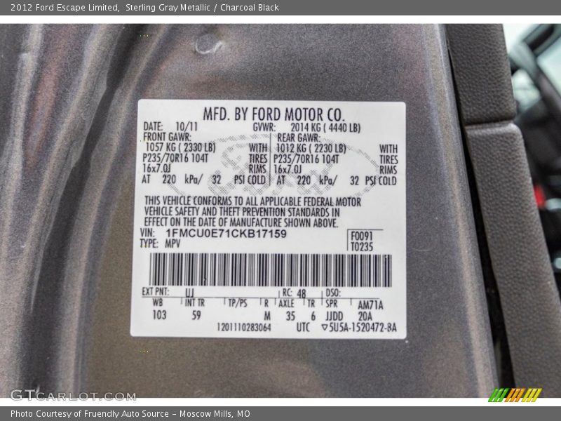 Sterling Gray Metallic / Charcoal Black 2012 Ford Escape Limited