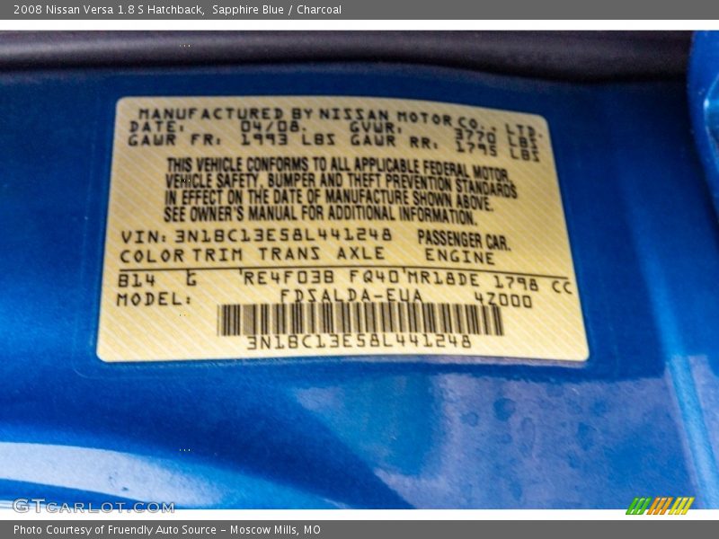 Sapphire Blue / Charcoal 2008 Nissan Versa 1.8 S Hatchback