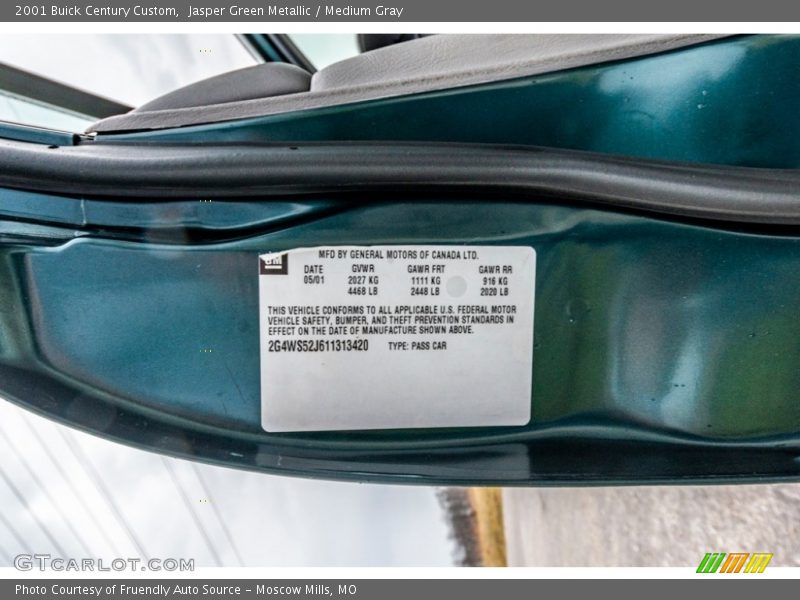 Jasper Green Metallic / Medium Gray 2001 Buick Century Custom