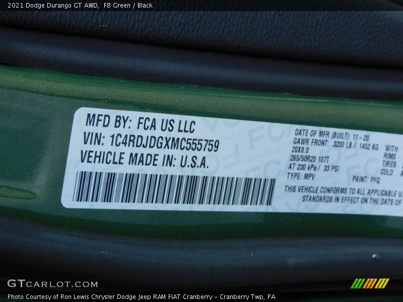 2021 Durango GT AWD F8 Green Color Code PFQ