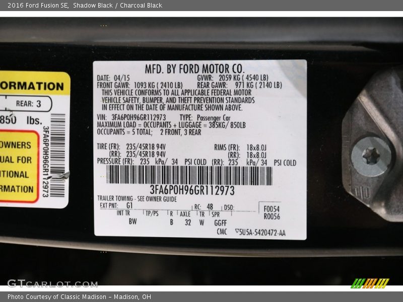 Shadow Black / Charcoal Black 2016 Ford Fusion SE